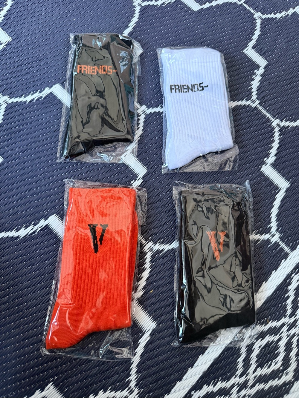 VLONE Men's Crew Socks — Black, White & Orange Accent Pack
